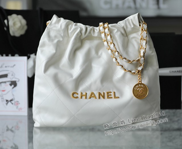 Chanel專櫃新款火爆小號22bag包購物袋 香奈兒收納袋白色/金字原廠小羊皮鏈條肩背手袋手提袋 djc5261